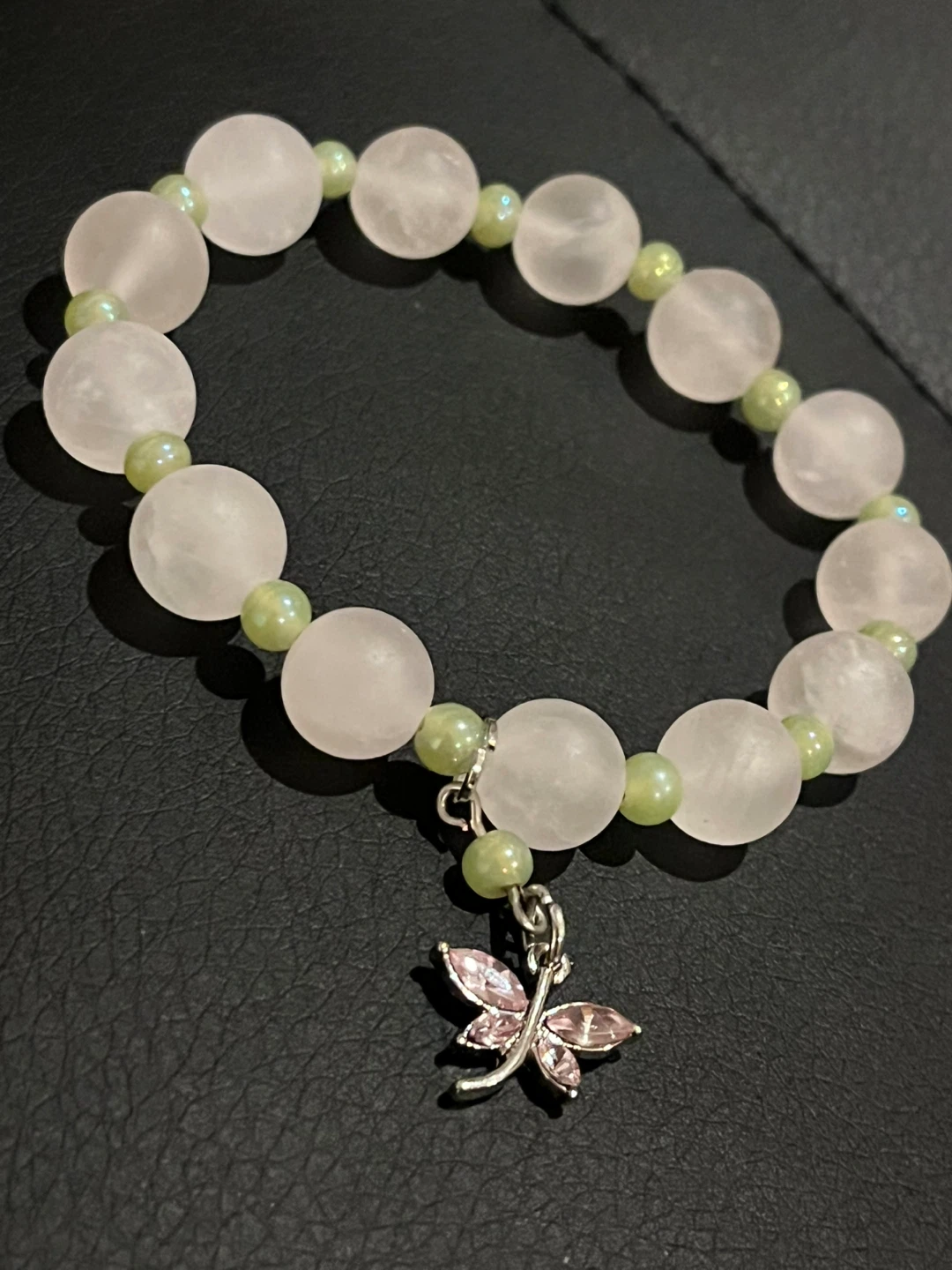 Frosted Rose Quartz and Green Bead Dragonfly Bracelet