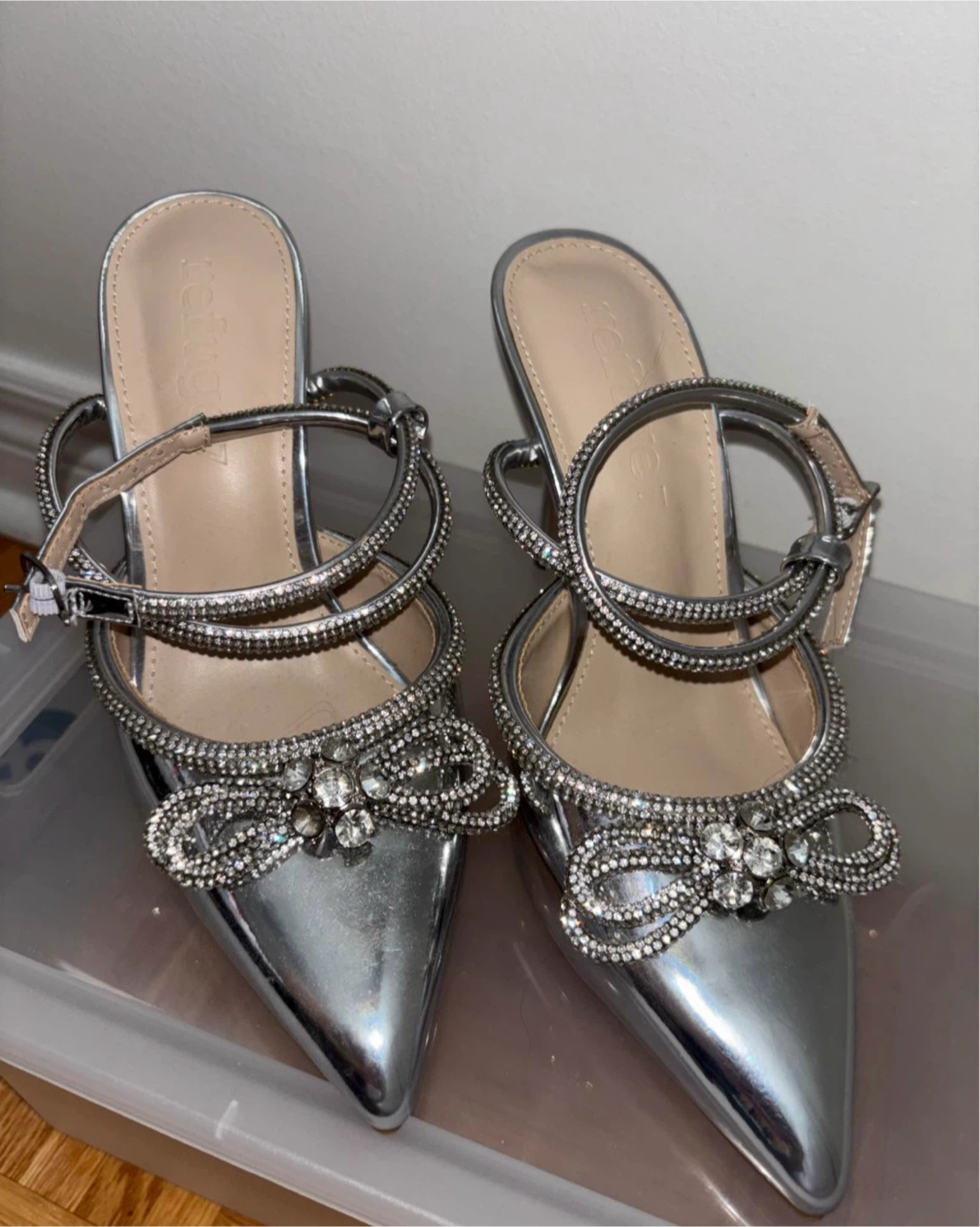 Refuge silver rhinestone bow heels