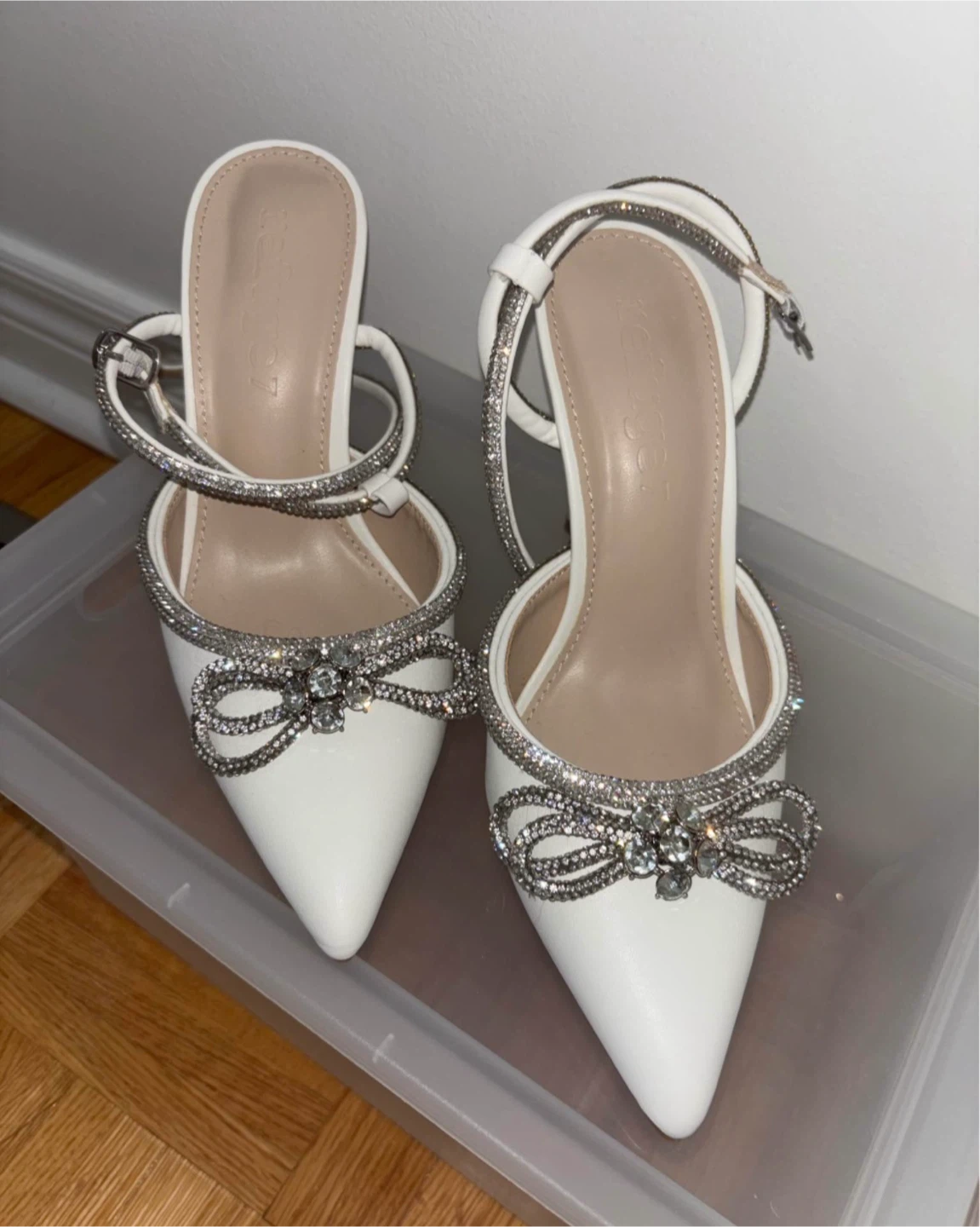 White Rhinestone Bow Heels
