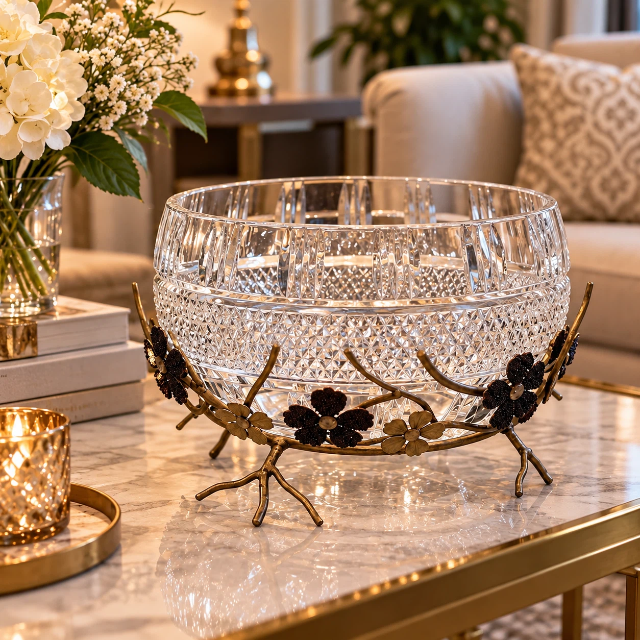 Crystal and Gold Metal Floral Bowl
