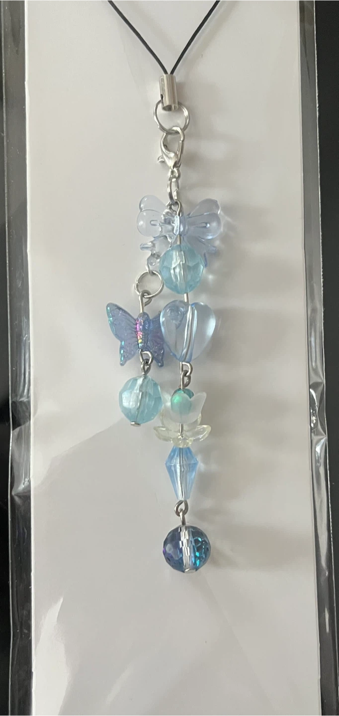 Blue Butterfly and Heart Beaded Phone Charm