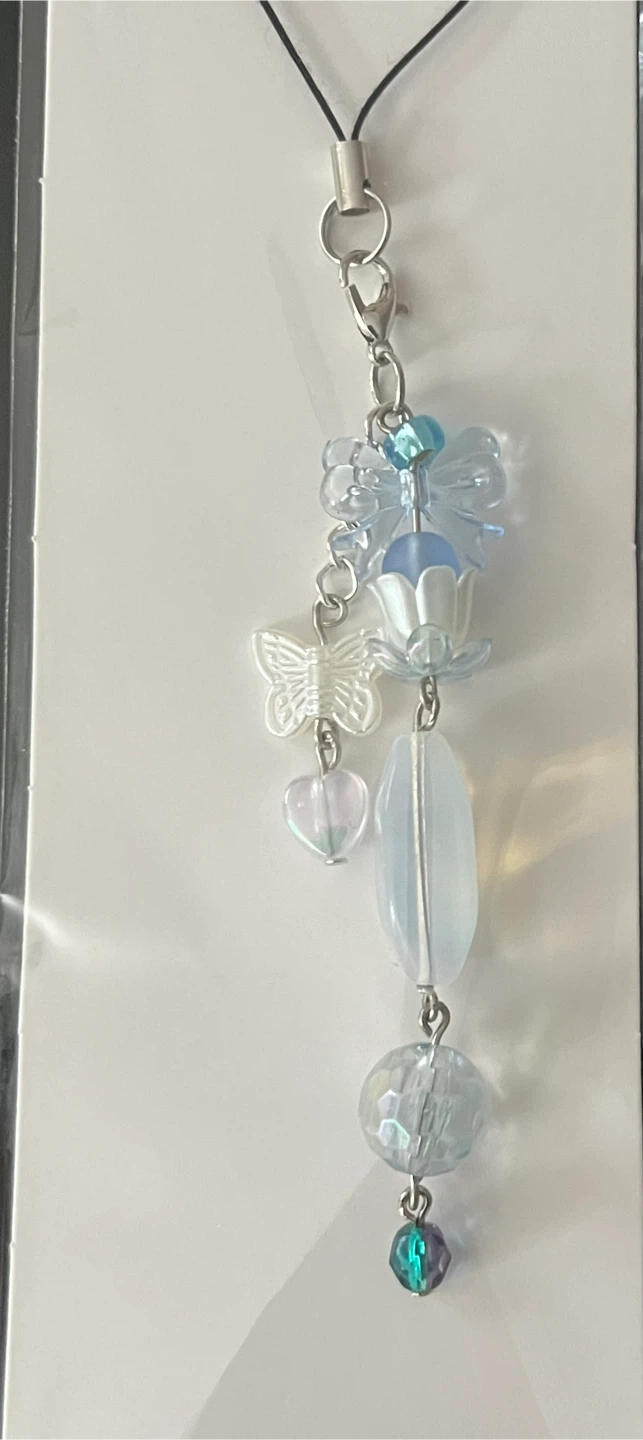 Blue and White Beaded Phone Charm