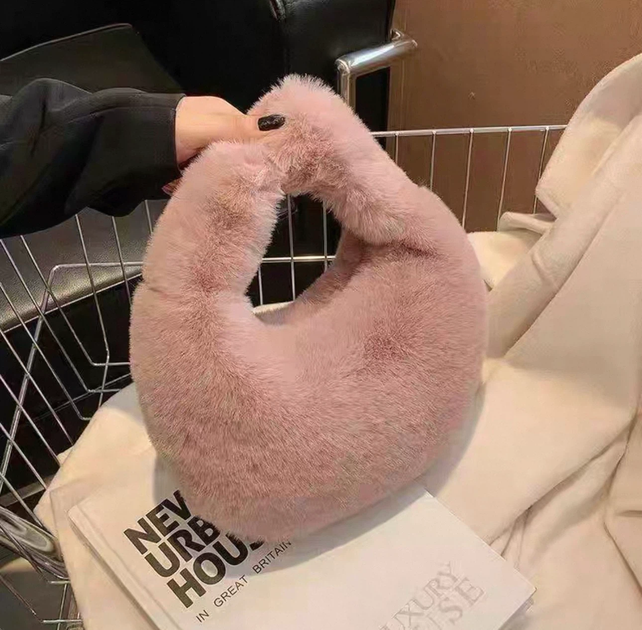 Plush Faux Fur Dusty Pink Hobo Tote Bag