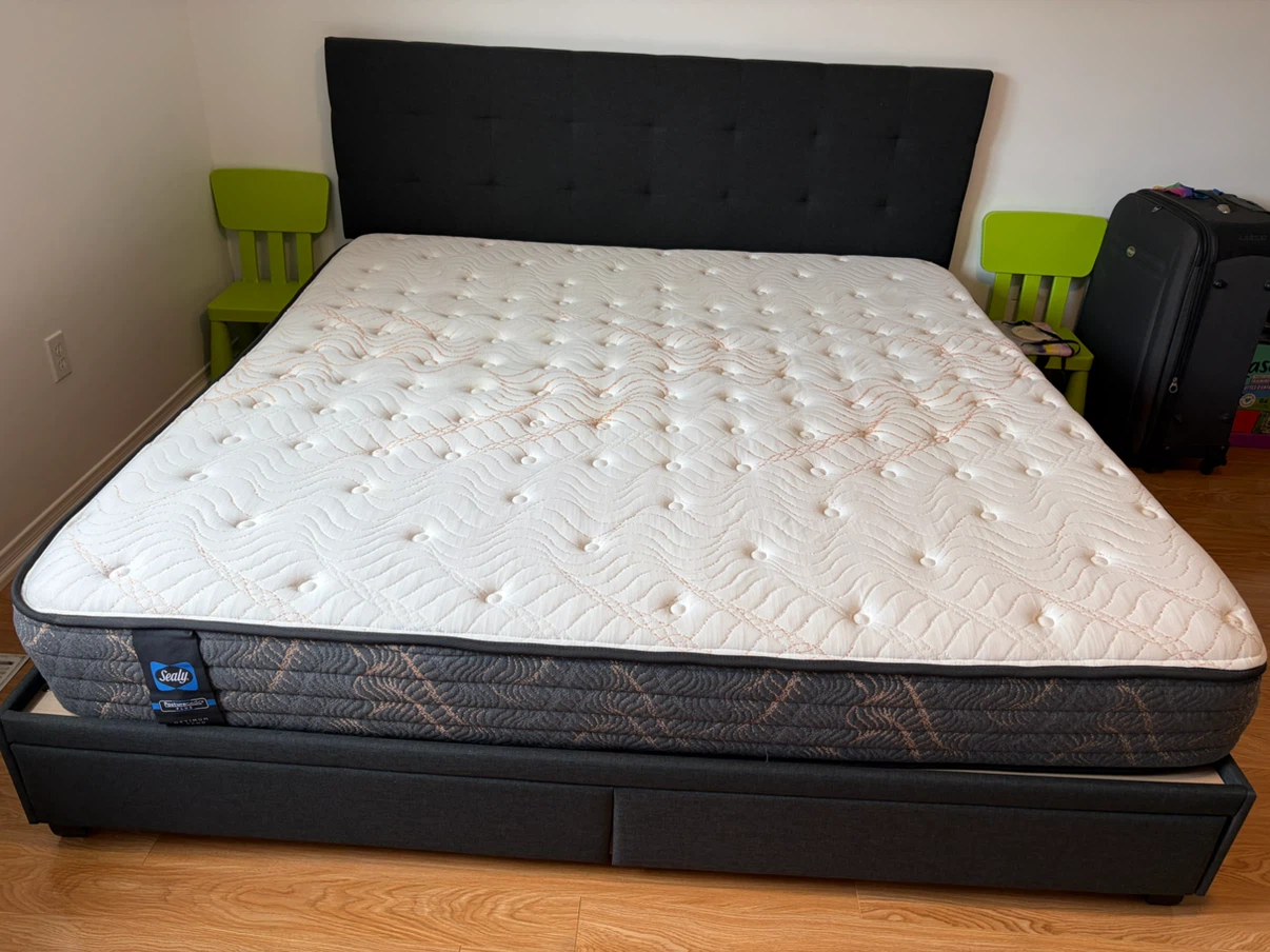 Grey Upholstered Bed with Headboard with 2 drawers and mattress