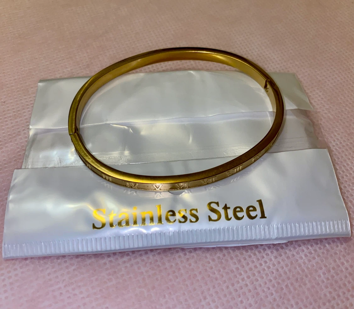 Gold-Tone Roman Numeral Stainless Steel Bangle