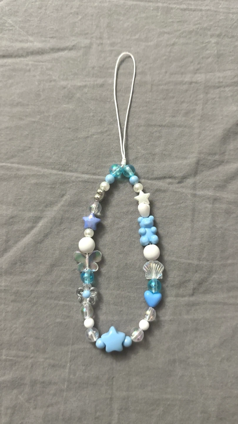 Handmade Blue & White Beaded Phone Charm Keyring