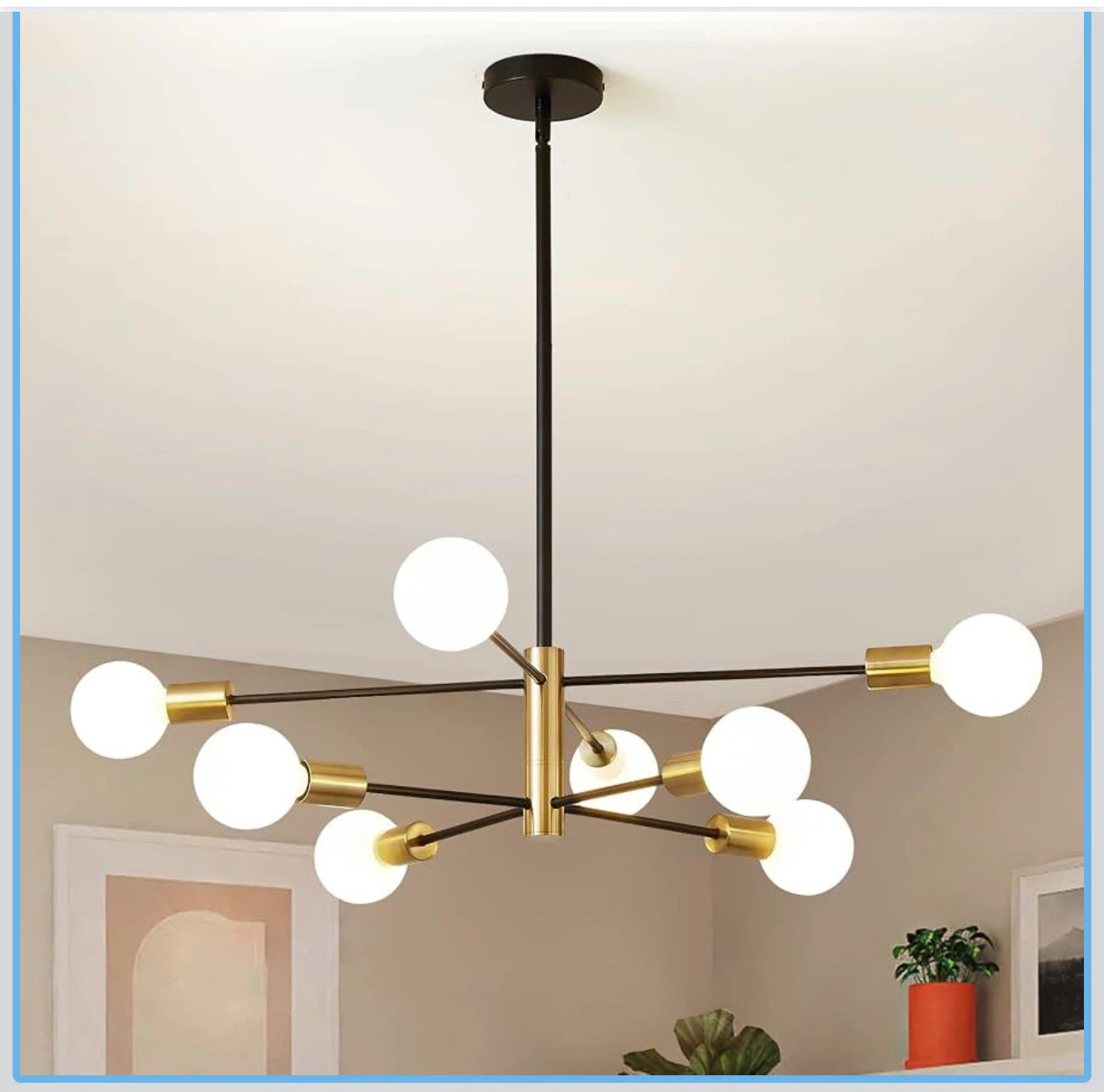 Modern 8-Light Brass and Black Chandelier