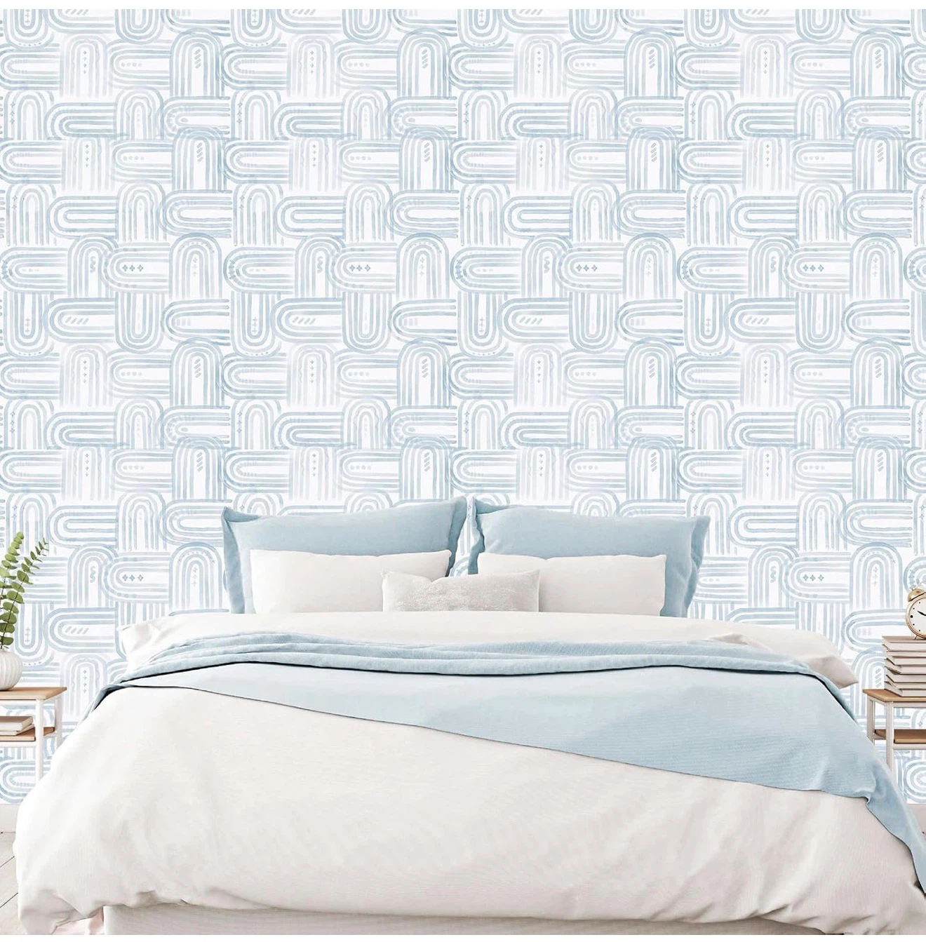 Blue Boho Geometric Patterned Wallpaper. 17.3 x 950 inches
