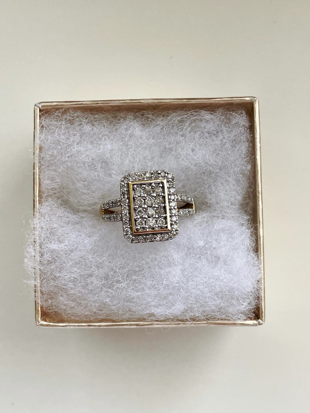 10K Yellow Gold Rectangle Diamond Cluster Halo Ring