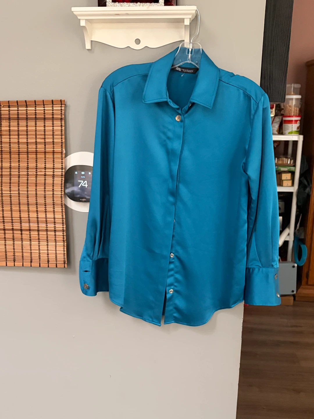 ZARA Women's Satin Button-Down Shirt Teal Size XS
