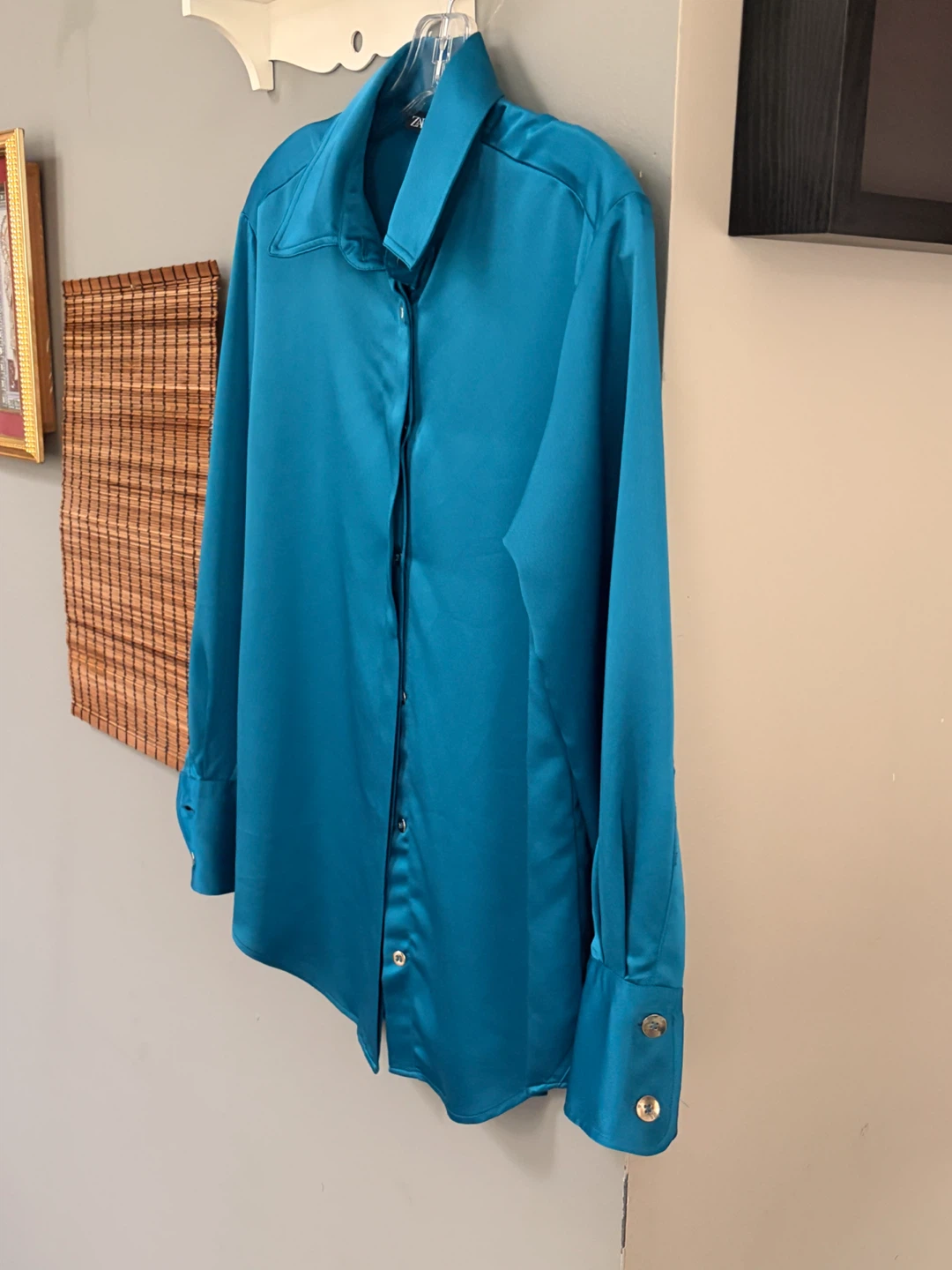 ZARA Women's Satin Button-Down Shirt Teal Size XS - photo 3