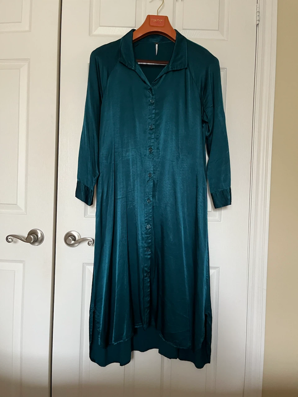 Teal Satin Button-Up Shirt Dress