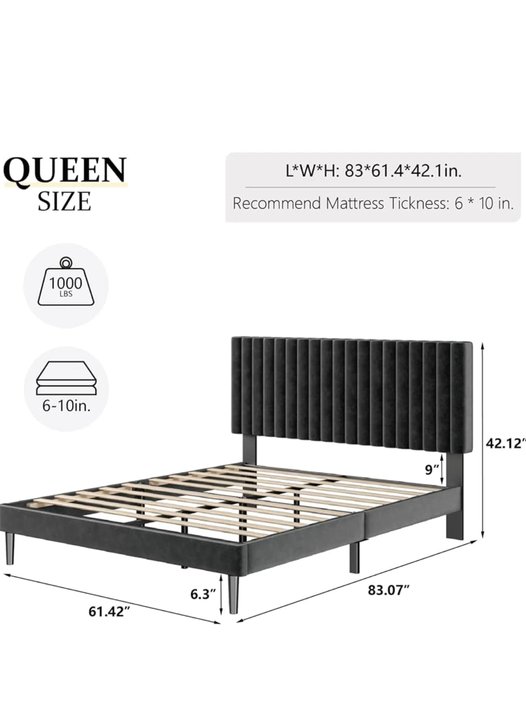 Queen Size Black Upholstered Platform Bed - photo 4