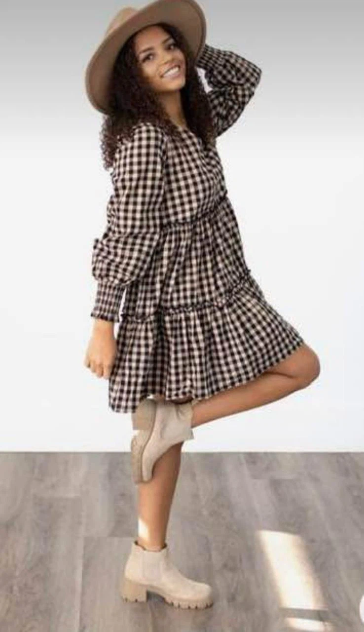 Black and white gingham tiered mini dress