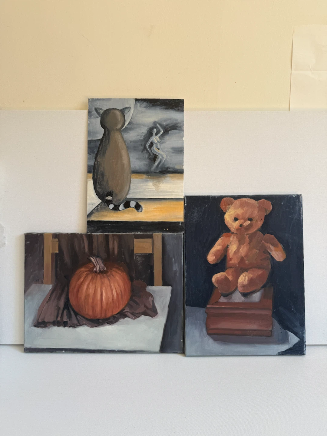 Set of 3 Original Paintings – Cat, Teddy Bear & Pumpkin