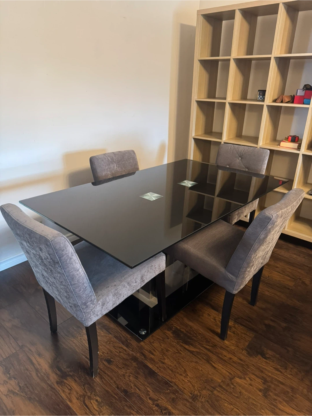 Modern Glass Dining Table and 4 Grey Chairs
