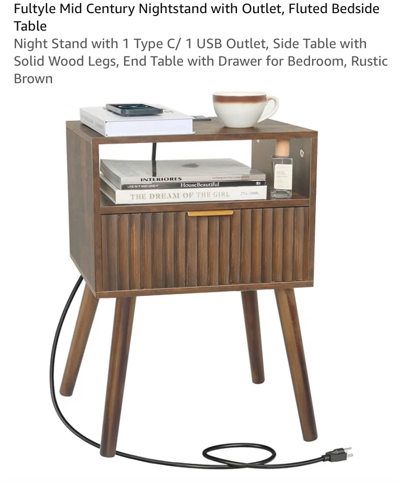 New Mid Century Fluted Nightstand with Outlet/USB