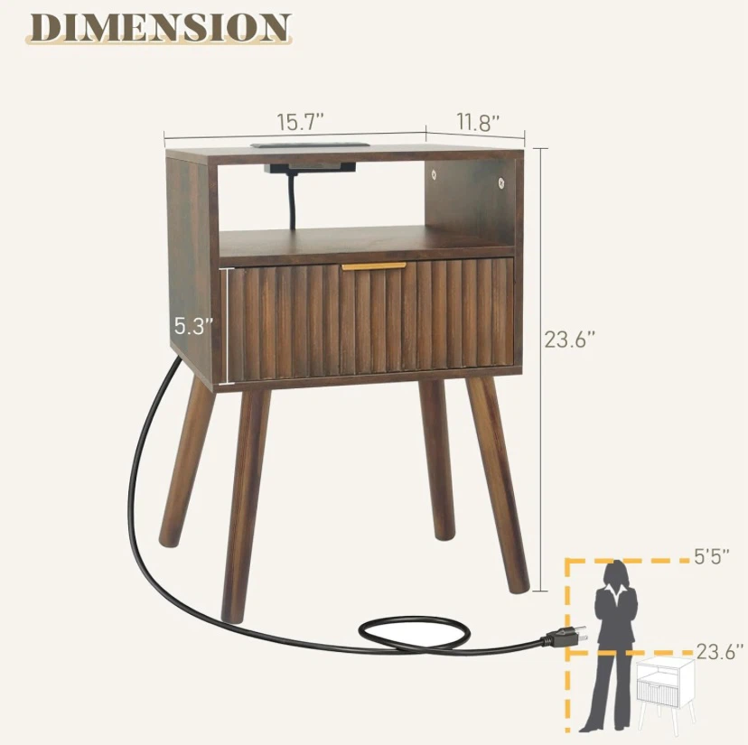 New Mid Century Fluted Nightstand with Outlet/USB - photo 3