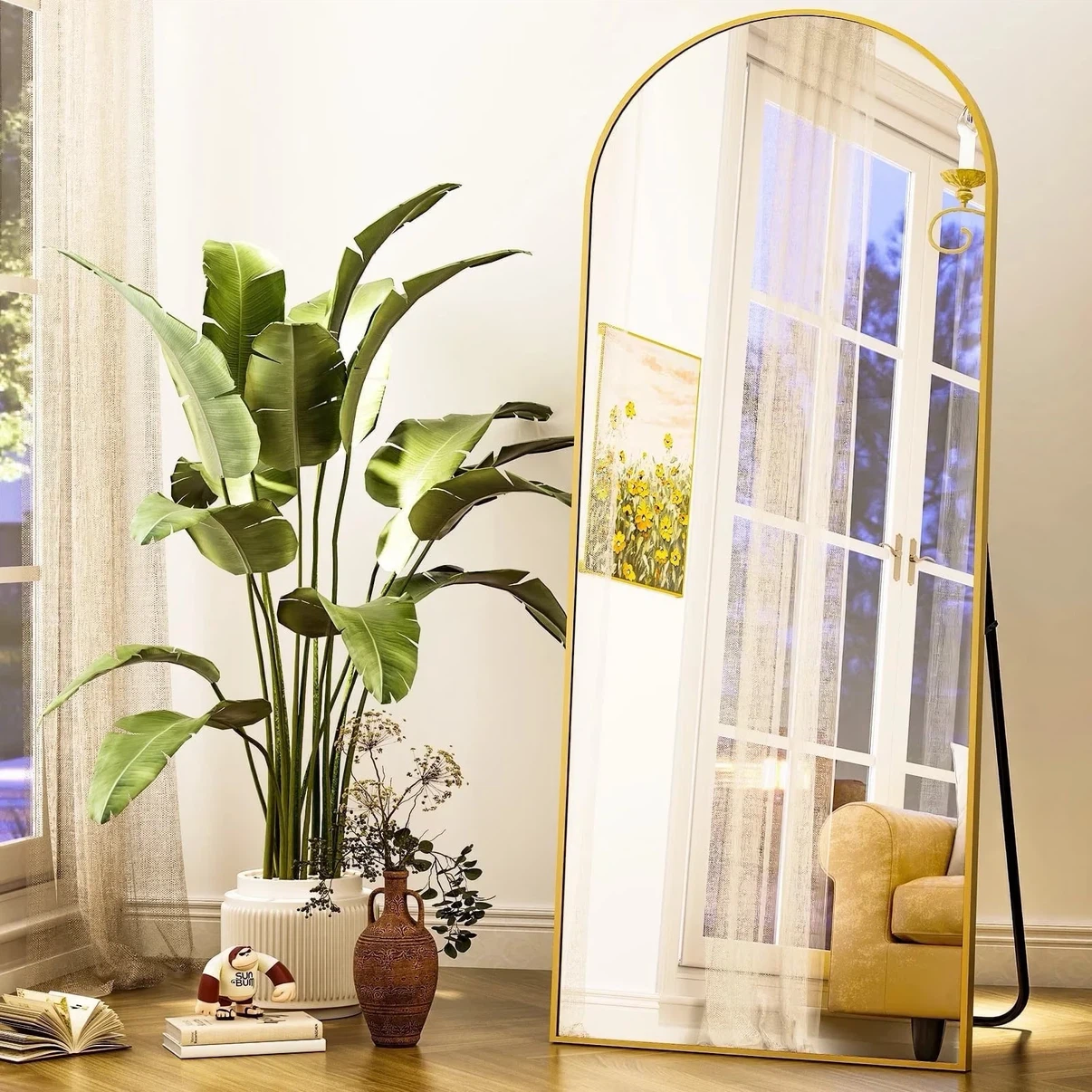Full Length Mirror Arched Standing Floor , Gold