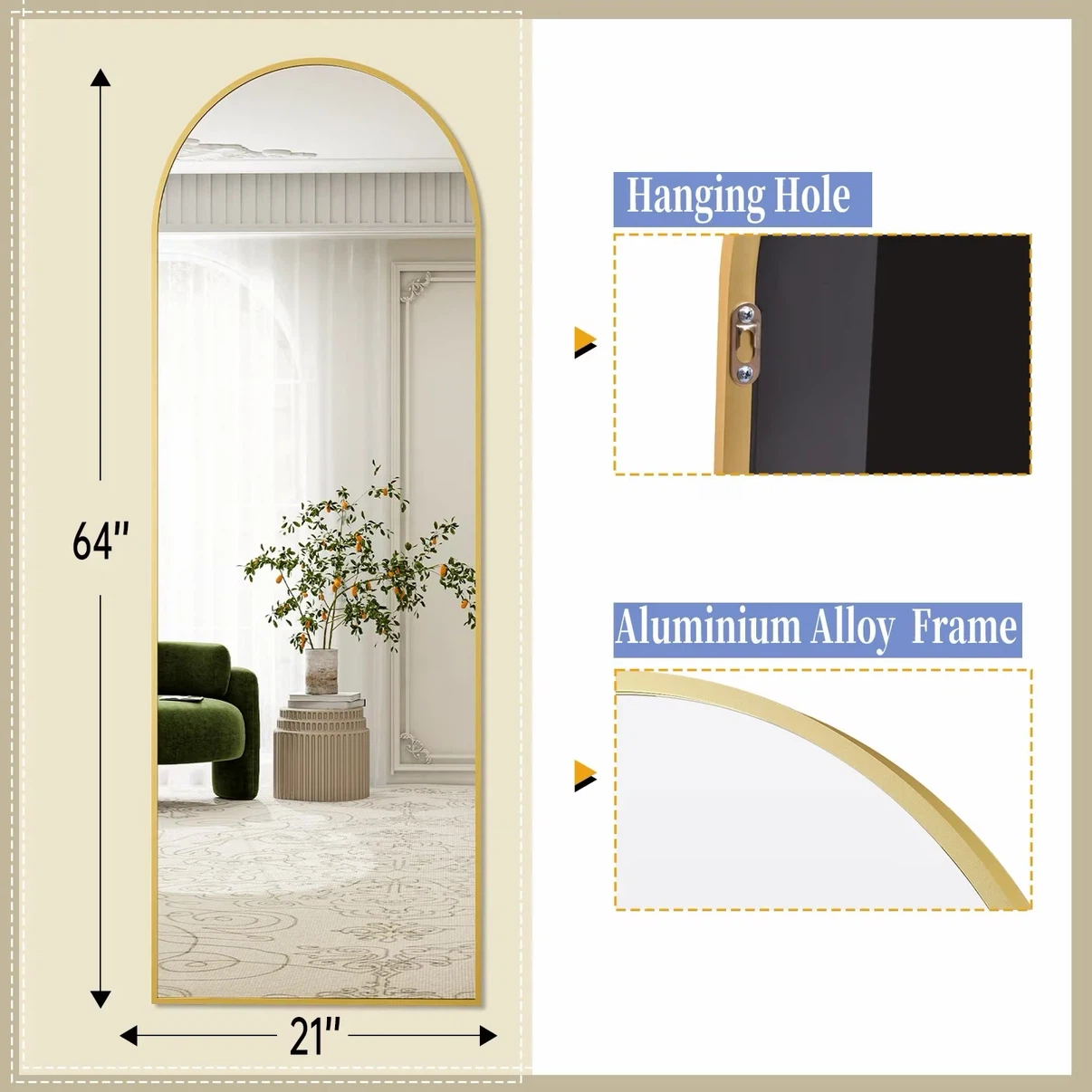 Full Length Mirror Arched Standing Floor , Gold - photo 2