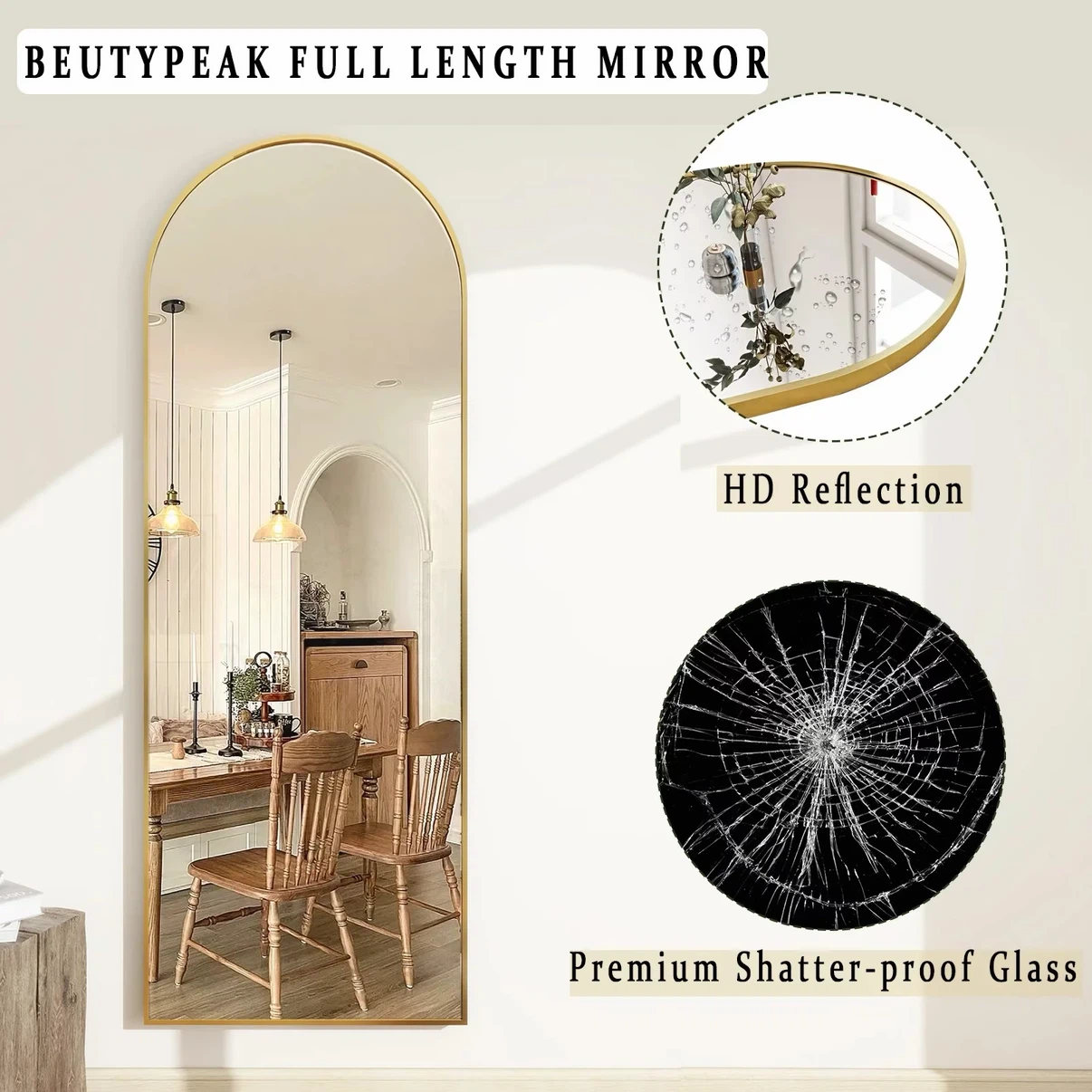 Full Length Mirror Arched Standing Floor , Gold - photo 3