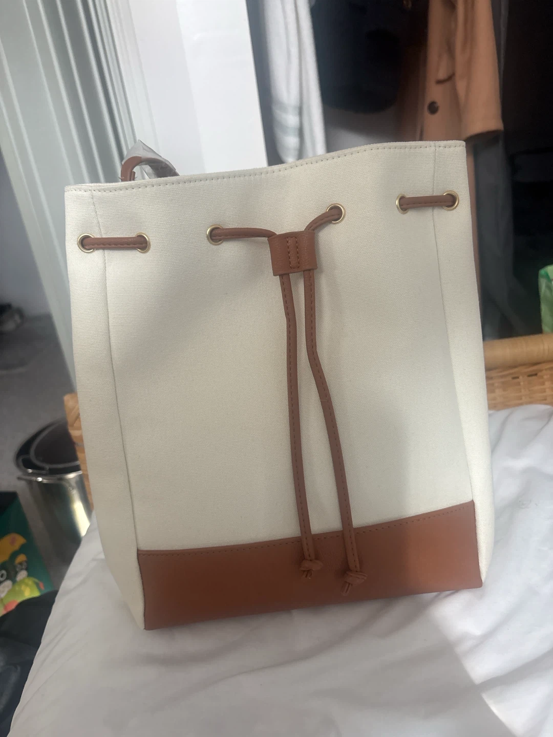 Canvas and Faux Leather Bucket Bag