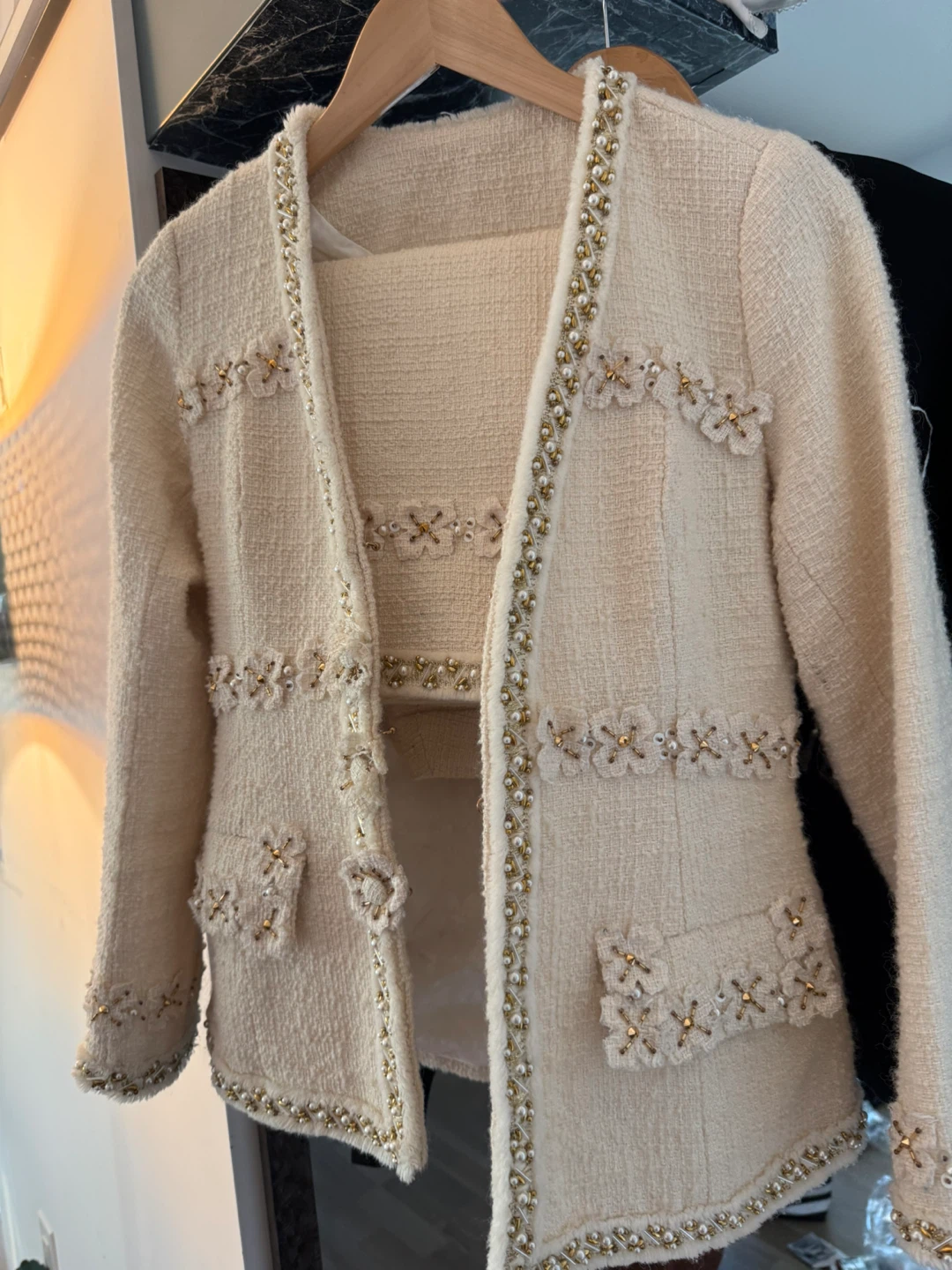 Beaded Cream Tweed Two-Piece Skirt Set