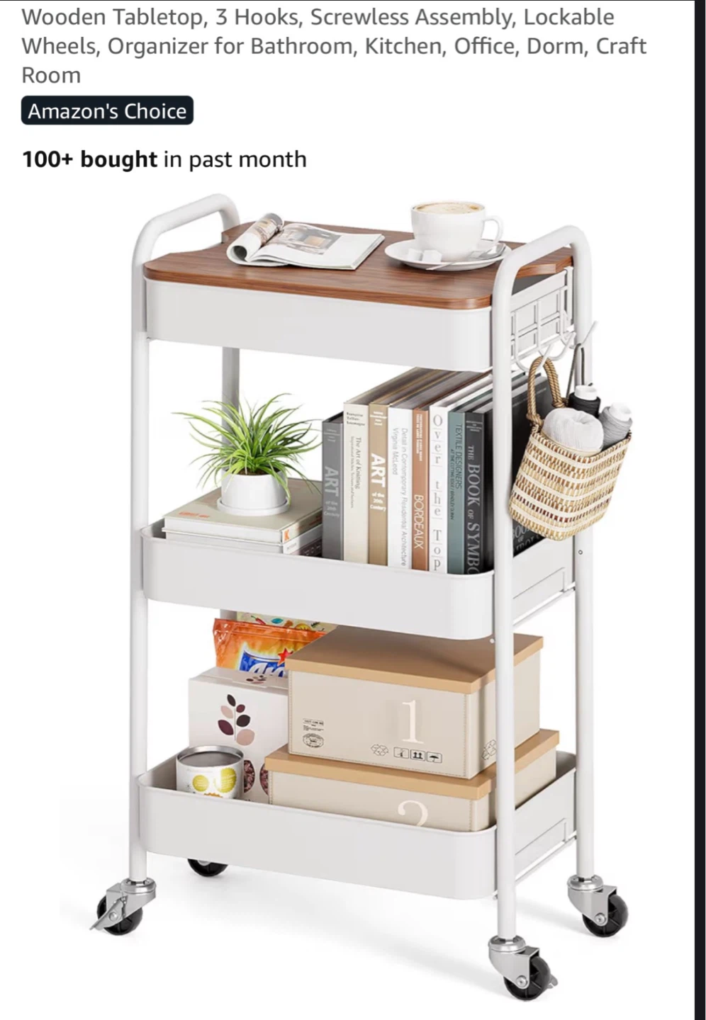 3-Tier Rolling Storage Cart with Wooden Tabletop