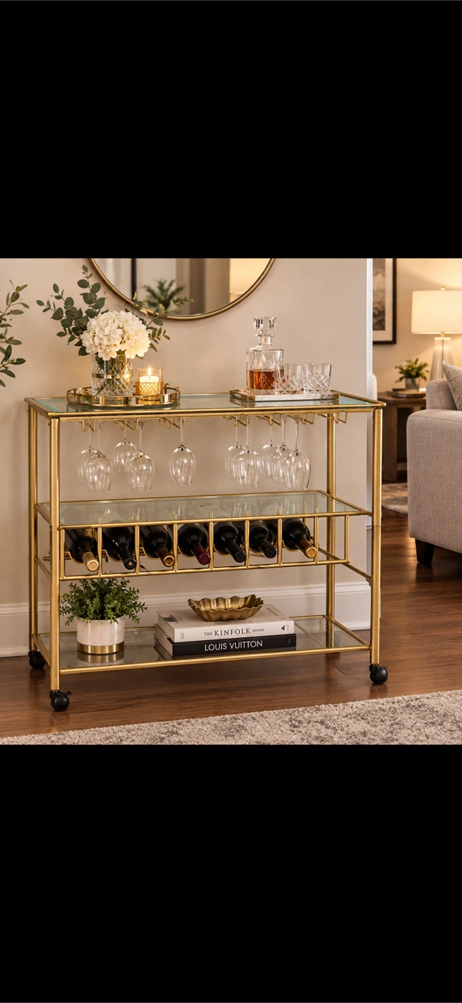 Gold Metal and Glass Bar Cart with Wine Rack - photo 2