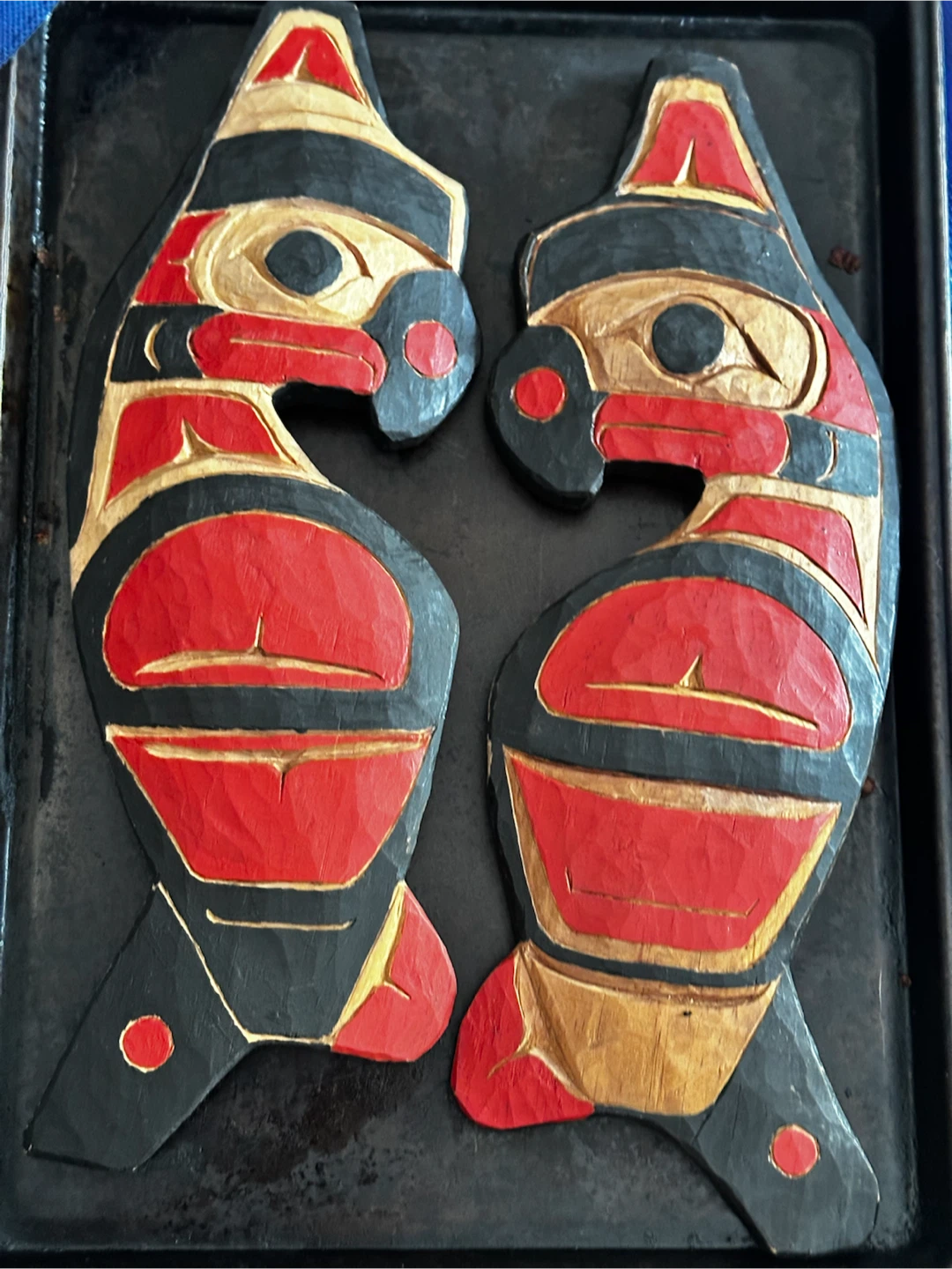 Pair of Coast Salish Salmon Carvings by J. Joe