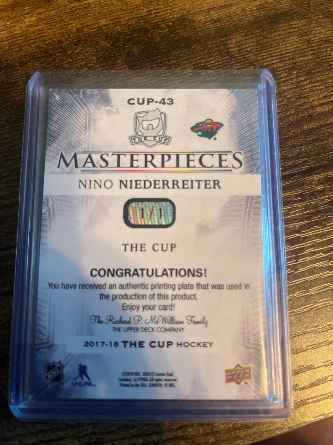 2017-18 Upper Deck The Cup Nino Niederreiter 1/1 Plate - photo 2