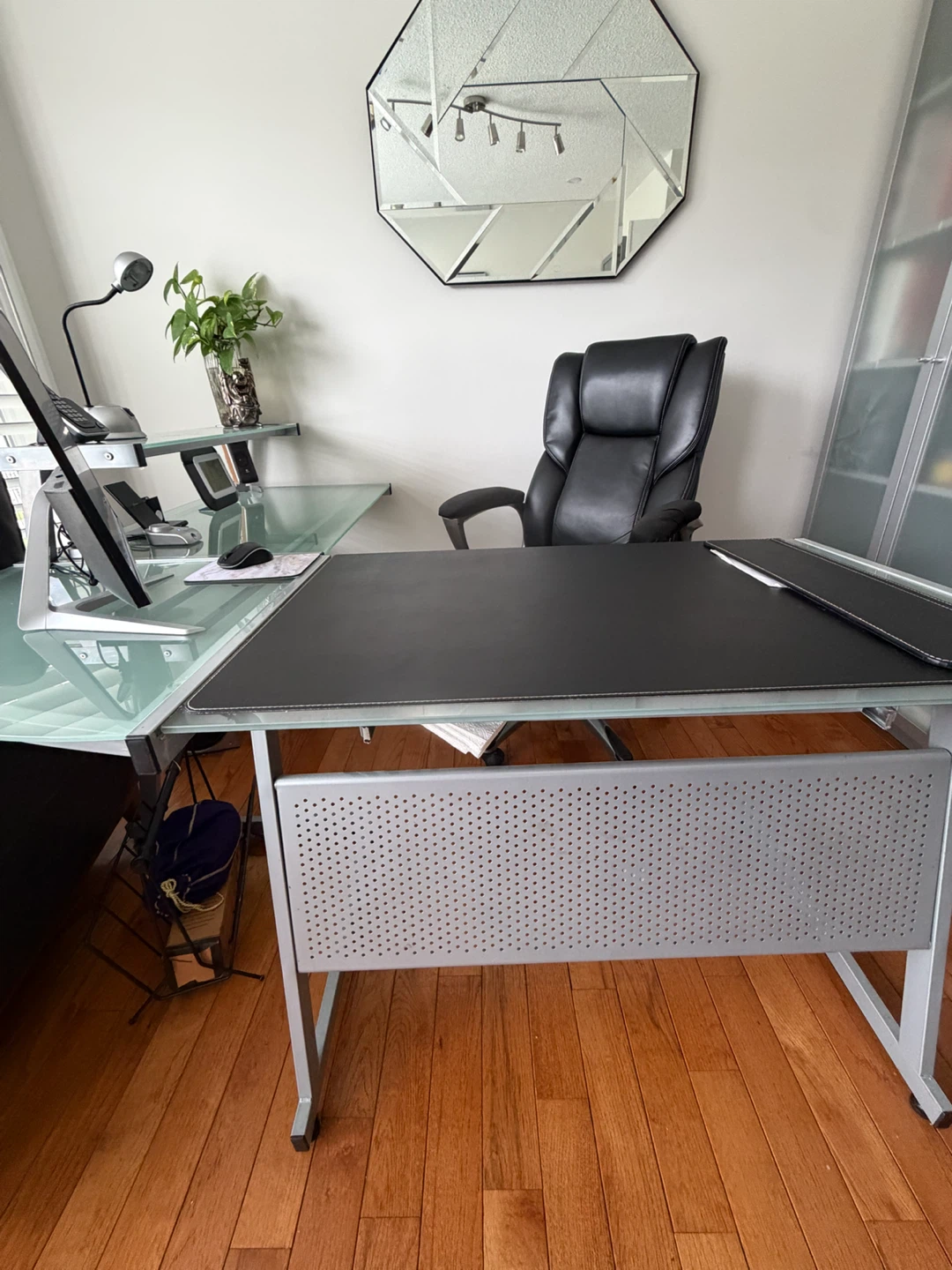 L-Shaped Glass and Metal Desk