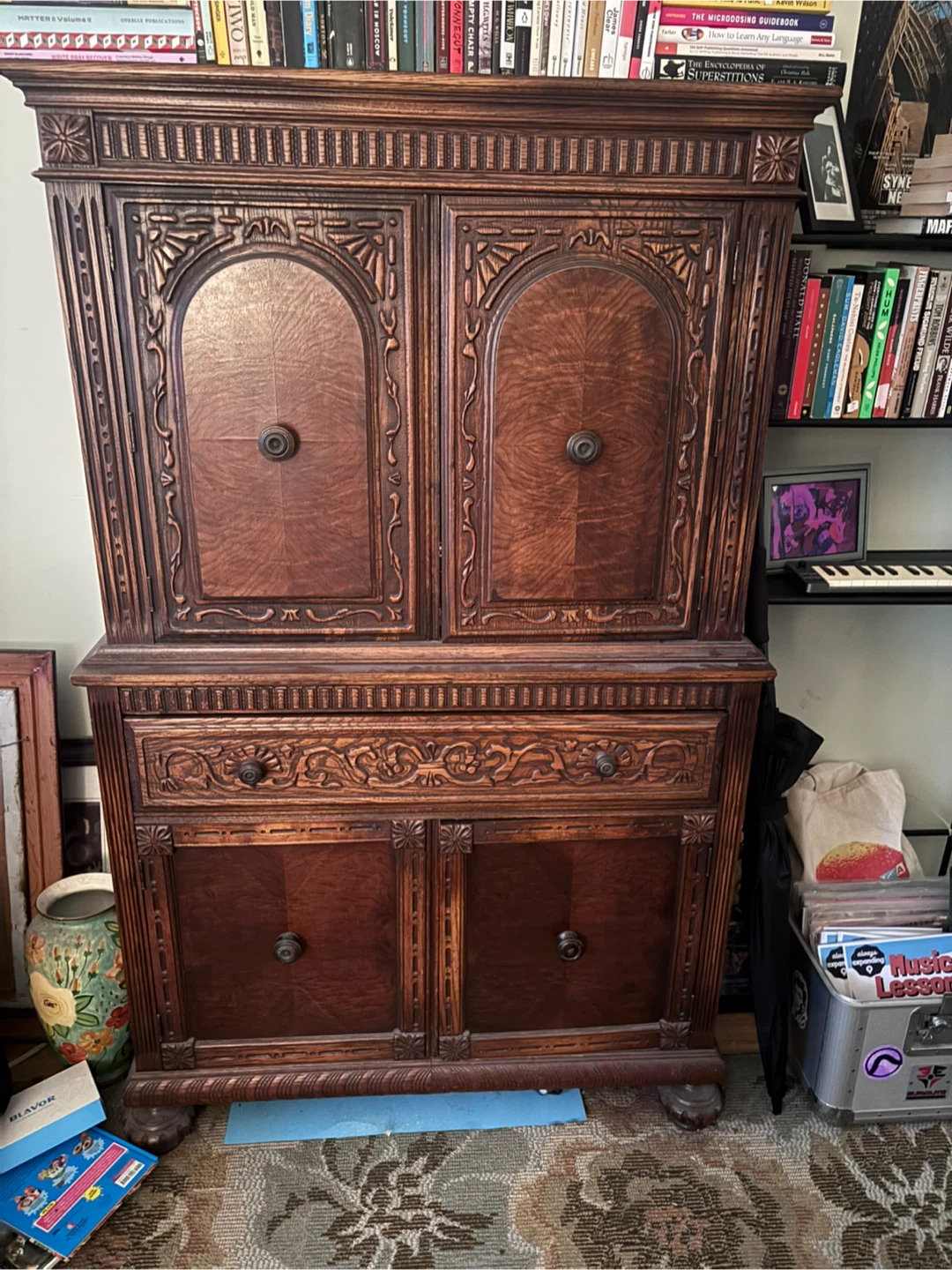 Vintage Ornate Wooden Media Cabinet
