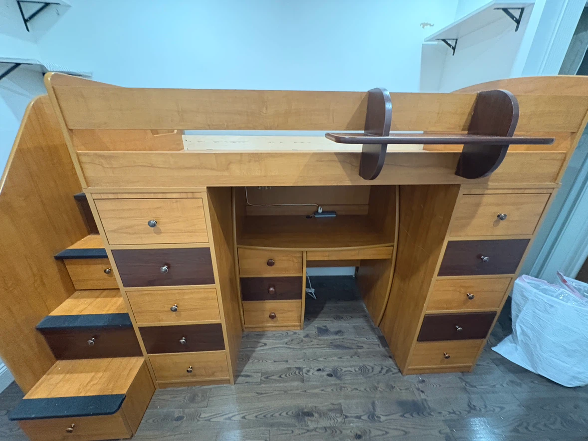 Lofted bed, desk, and dresser set