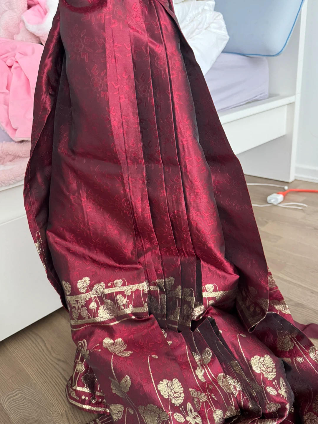 Burgundy and Gold Hanbok Skirt