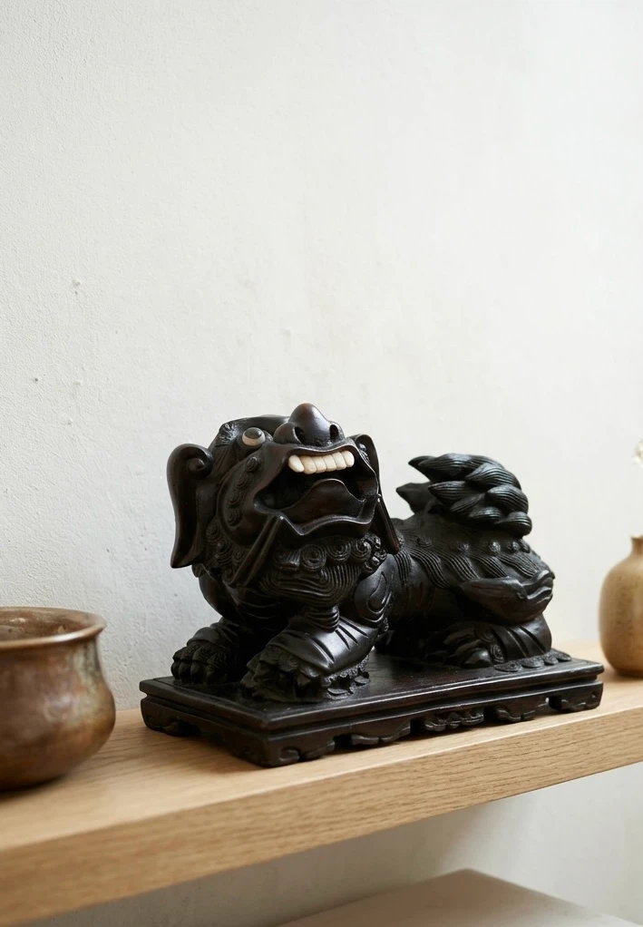 Vintage Hand-Carved Wooden Guardian Lion Sculpture