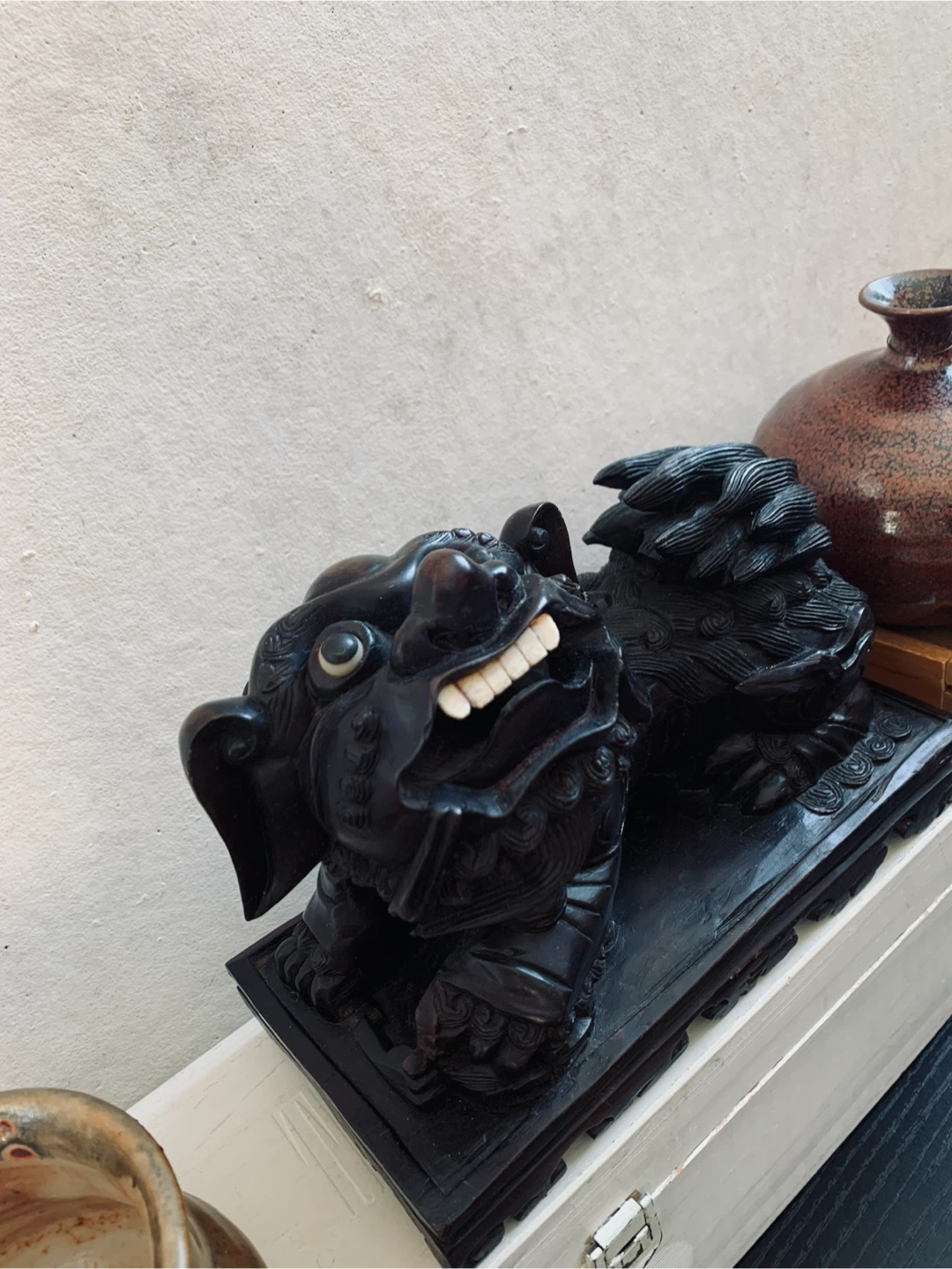 Vintage Hand-Carved Wooden Guardian Lion Sculpture - photo 2