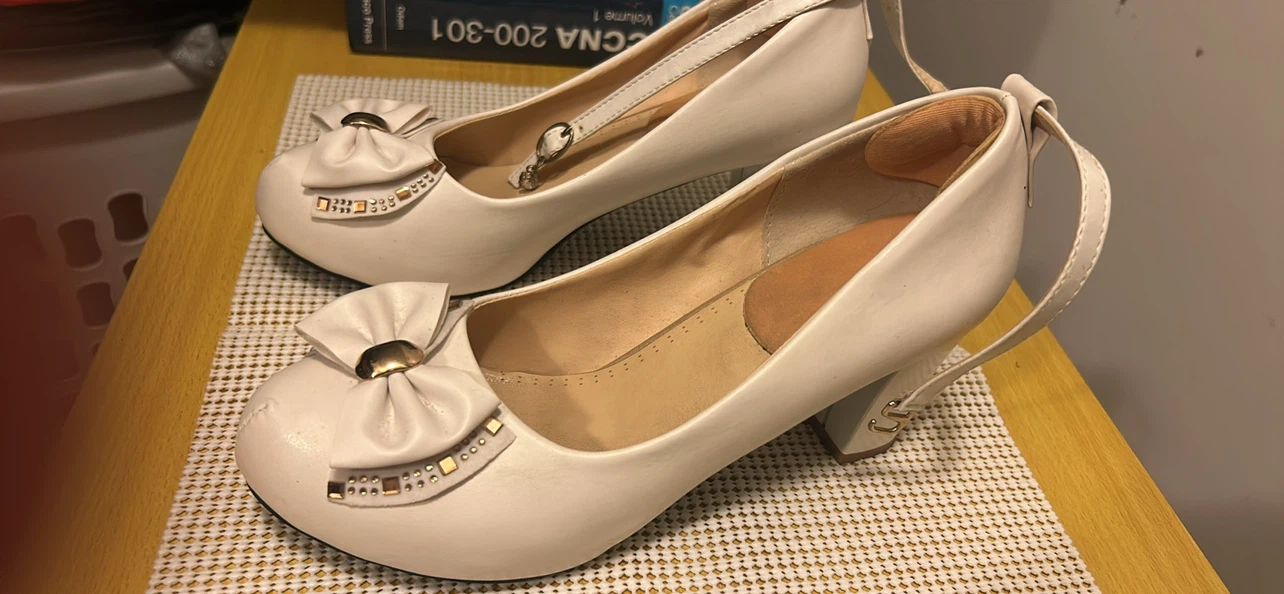 White Ankle Strap Bow Heels Size 41 - photo 2