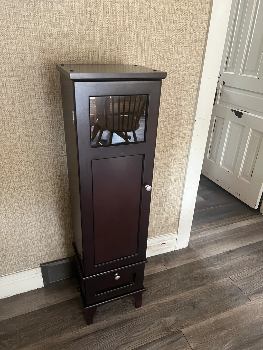 Tall Narrow Storage Cabinet with Glass Door & Drawer