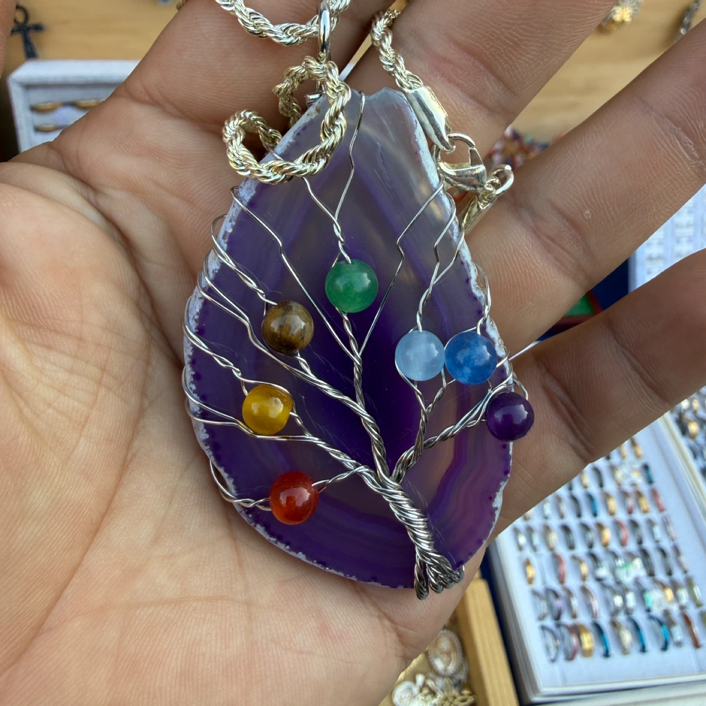 Purple Agate Tree of Life Pendant Necklace