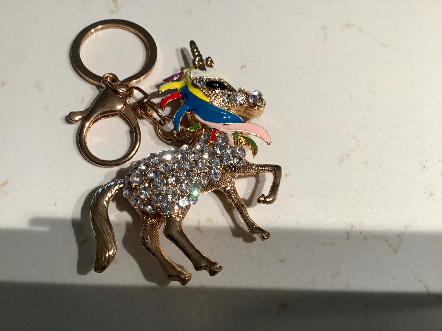 Gold Toned Unicorn Key Chain Enamel & Rhinestones 🐞