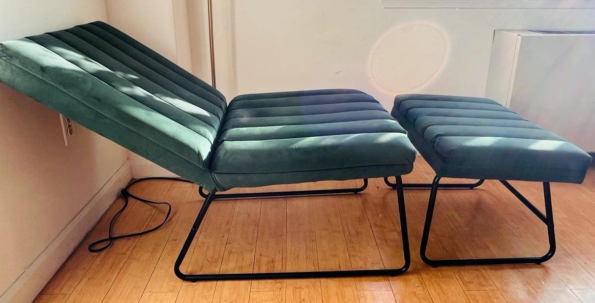 Dark Green Velvet Lounge Chair, Ottoman, and Throw Pillow