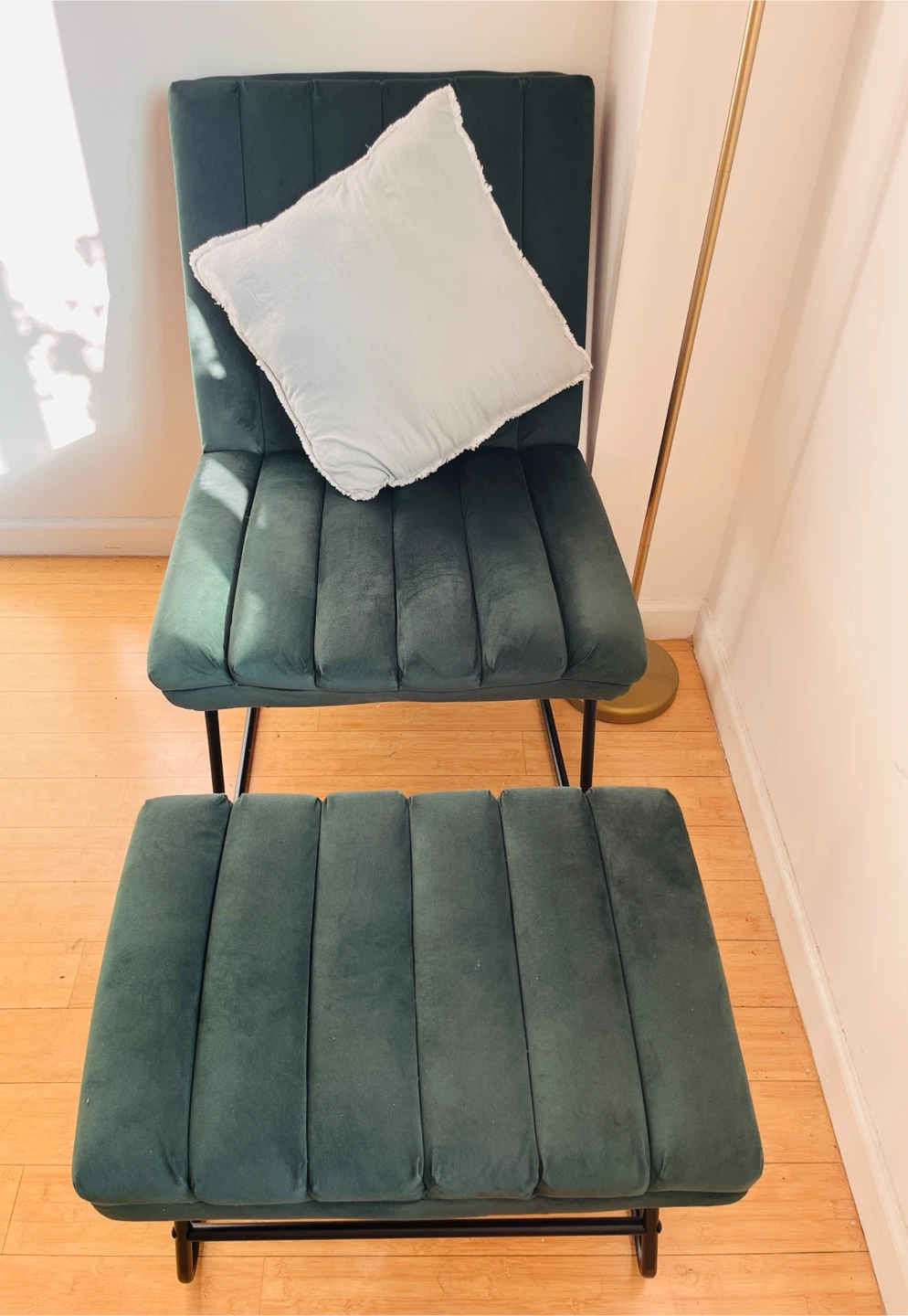 Dark Green Velvet Lounge Chair, Ottoman, and Throw Pillow - photo 2