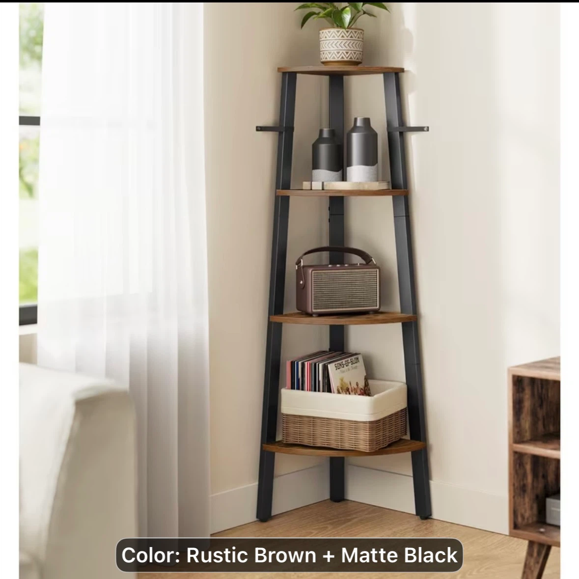 VASAGLE 4-Tier Corner Ladder Shelf – Rustic Brown & Black