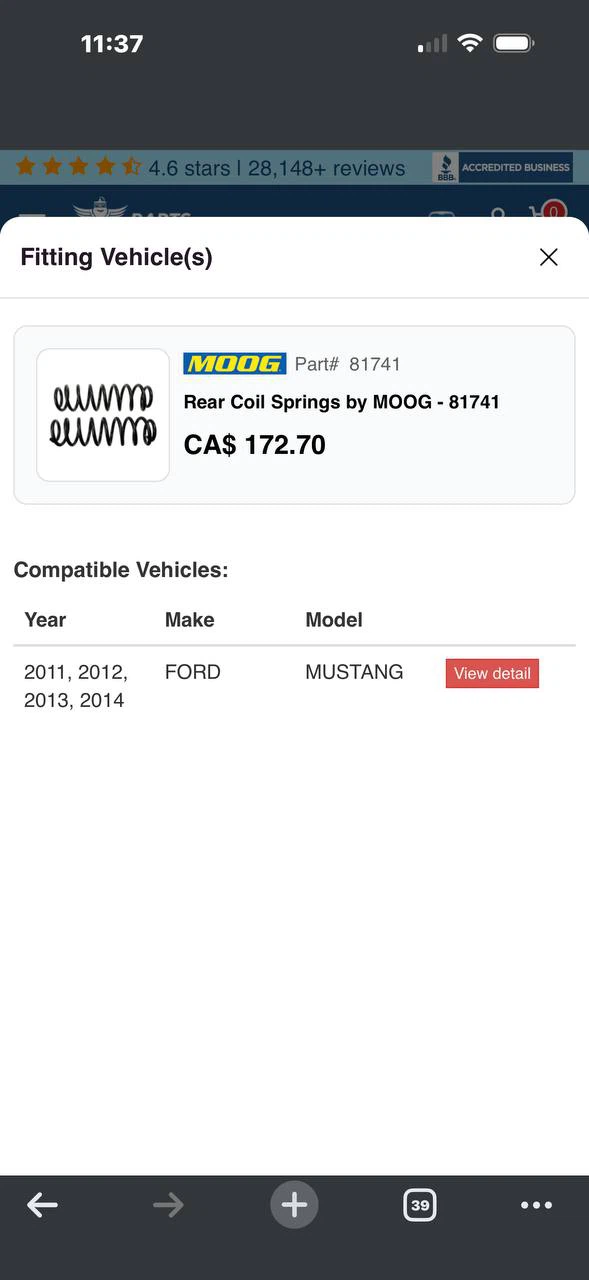 H985) MOOG 81741 Rear Coil Springs – Ford Mustang - photo 2