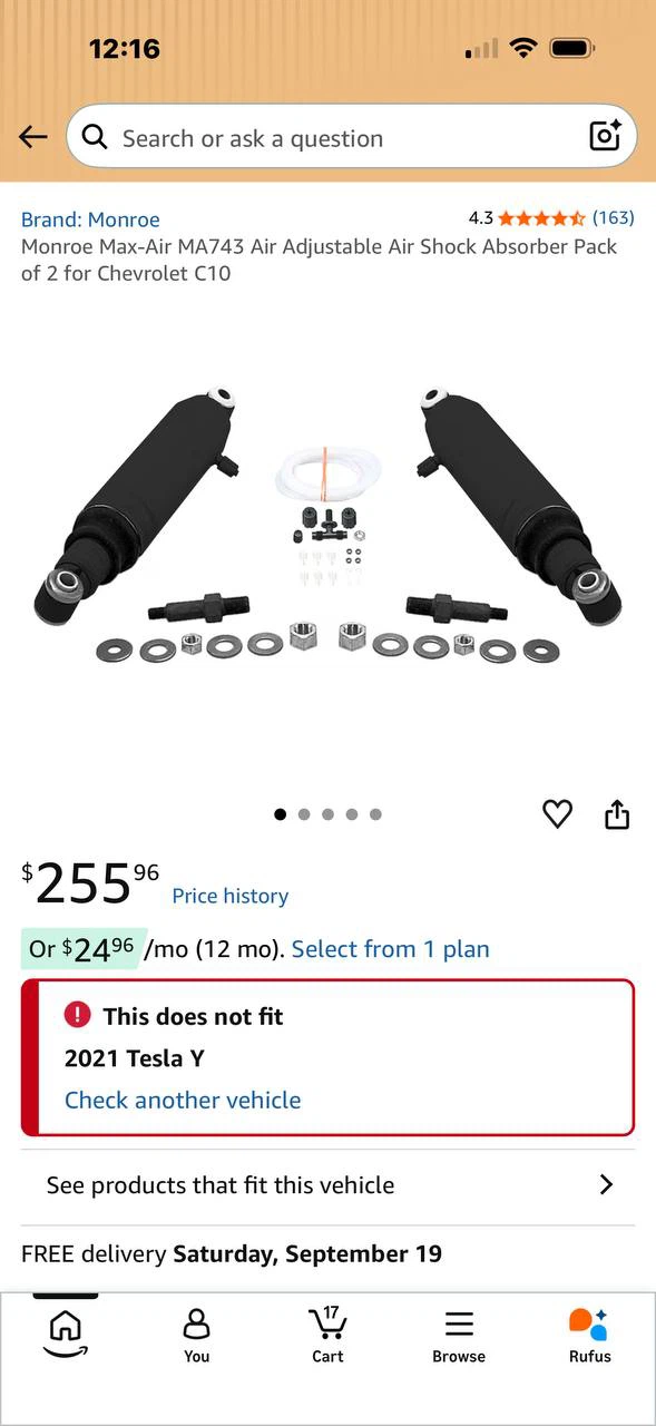 H988) Monroe Max-Air MA743 Air Adjustable Rear Shock Absor