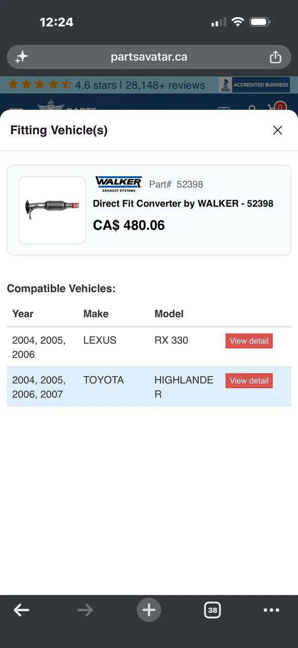 H989) Walker 52398 Direct Fit Catalytic Converter for Lexus - photo 5