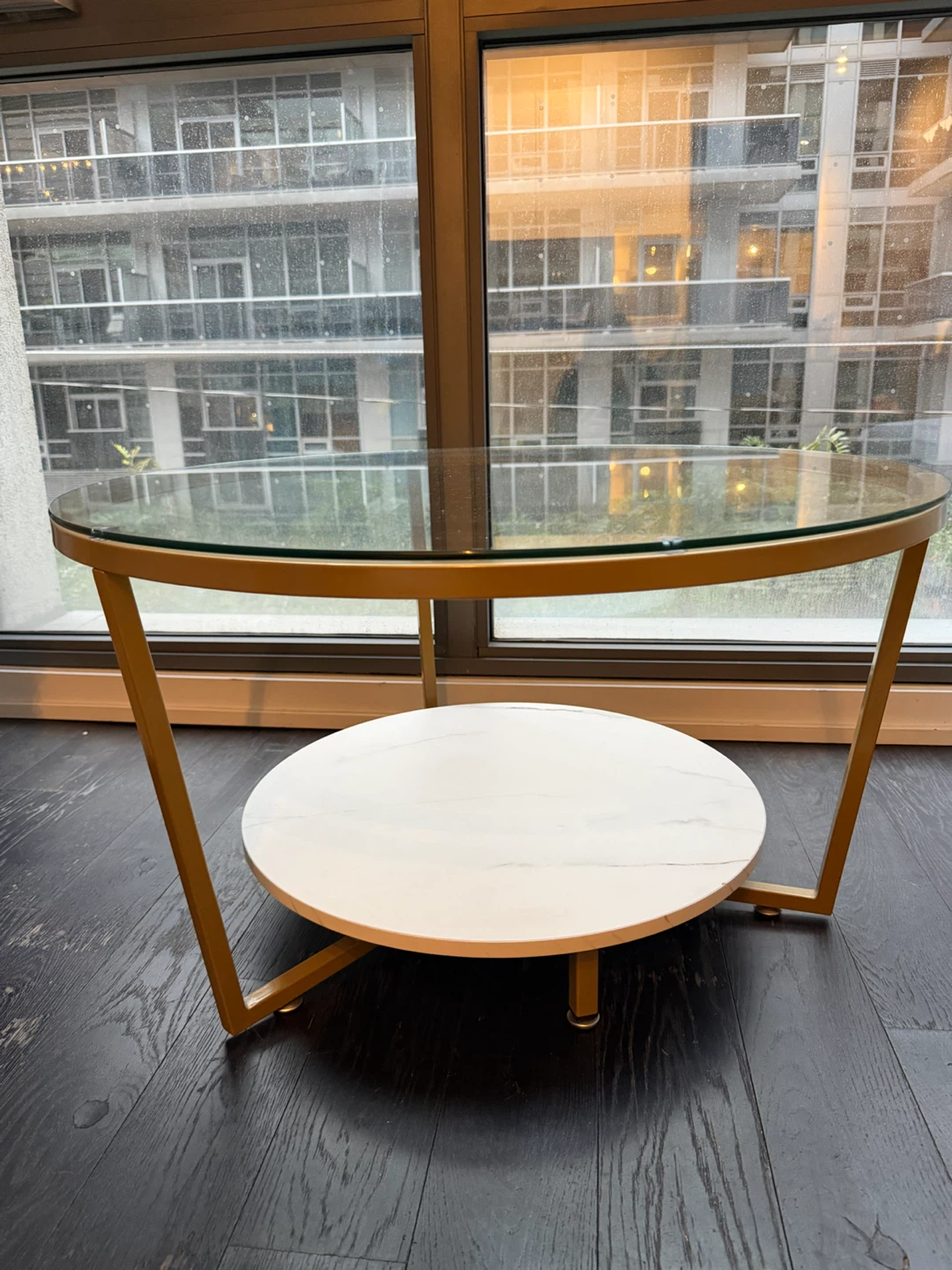 Round Glass Coffee Table with Faux Marble Shelf