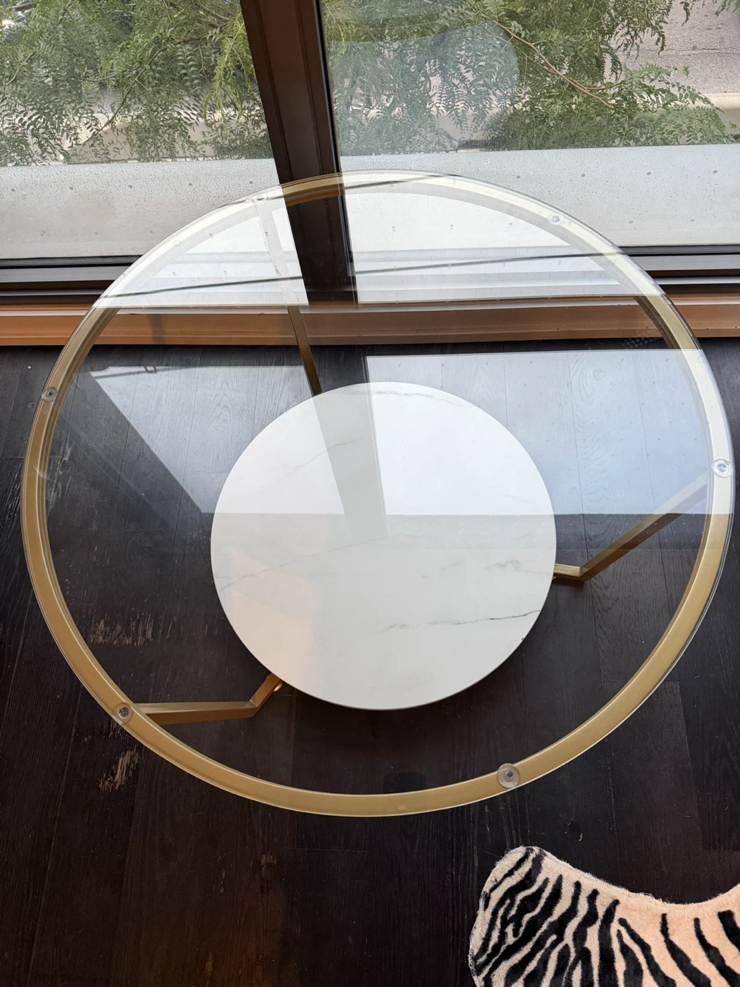Round Glass Coffee Table with Faux Marble Shelf - photo 2