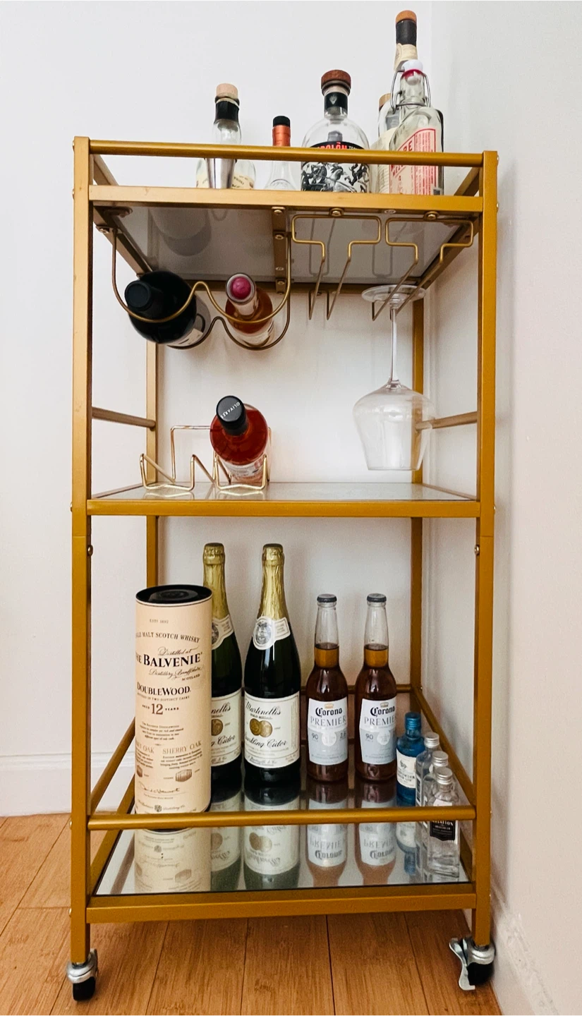 Gold Metal Bar Cart with Mirrored Shelves